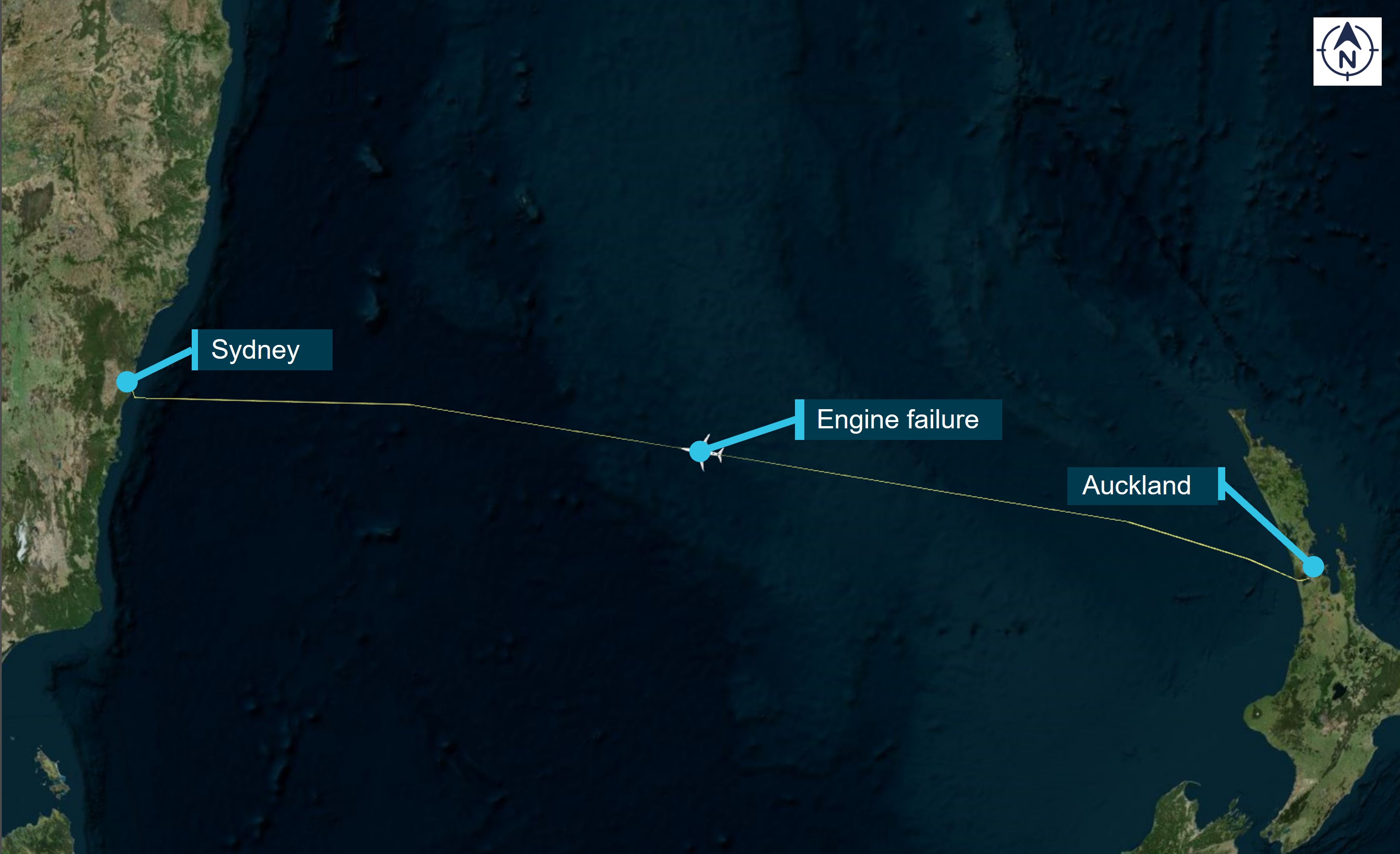 Figure 1: Map showing VH-XZB flight path and location of the engine failure