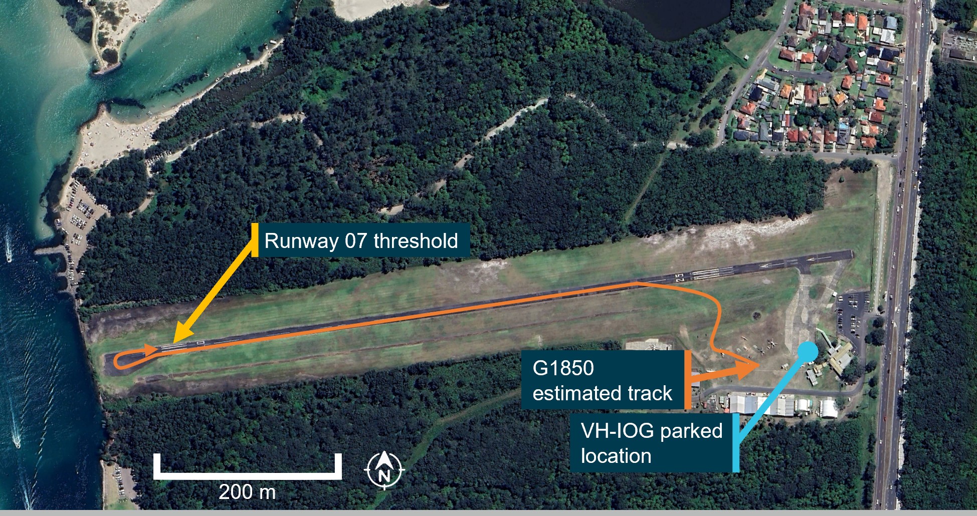Figure 1: Lake Macquarie Airport showing G1850 estimated ground track and VH-IOG location