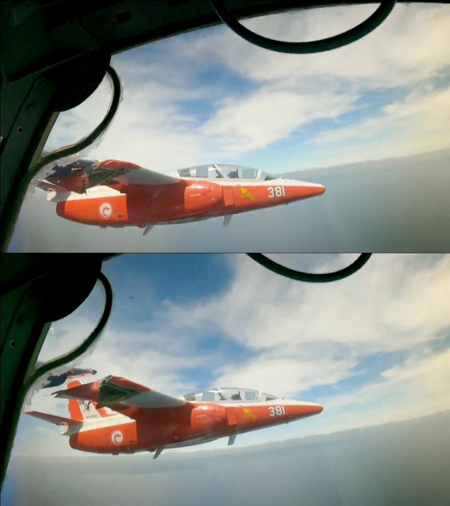 Figure 10: Recorded images showing VH-DZJ during the collision (top) and immediately after (bottom)