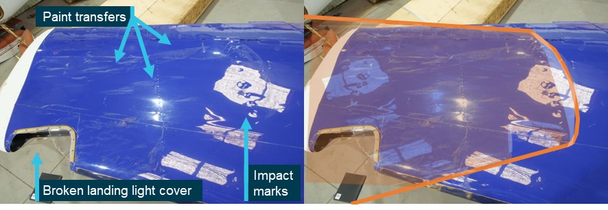 Figure 9: VH-DQJ collision damage (left) and overlay representation of the right wing of VH-DZJ (right)