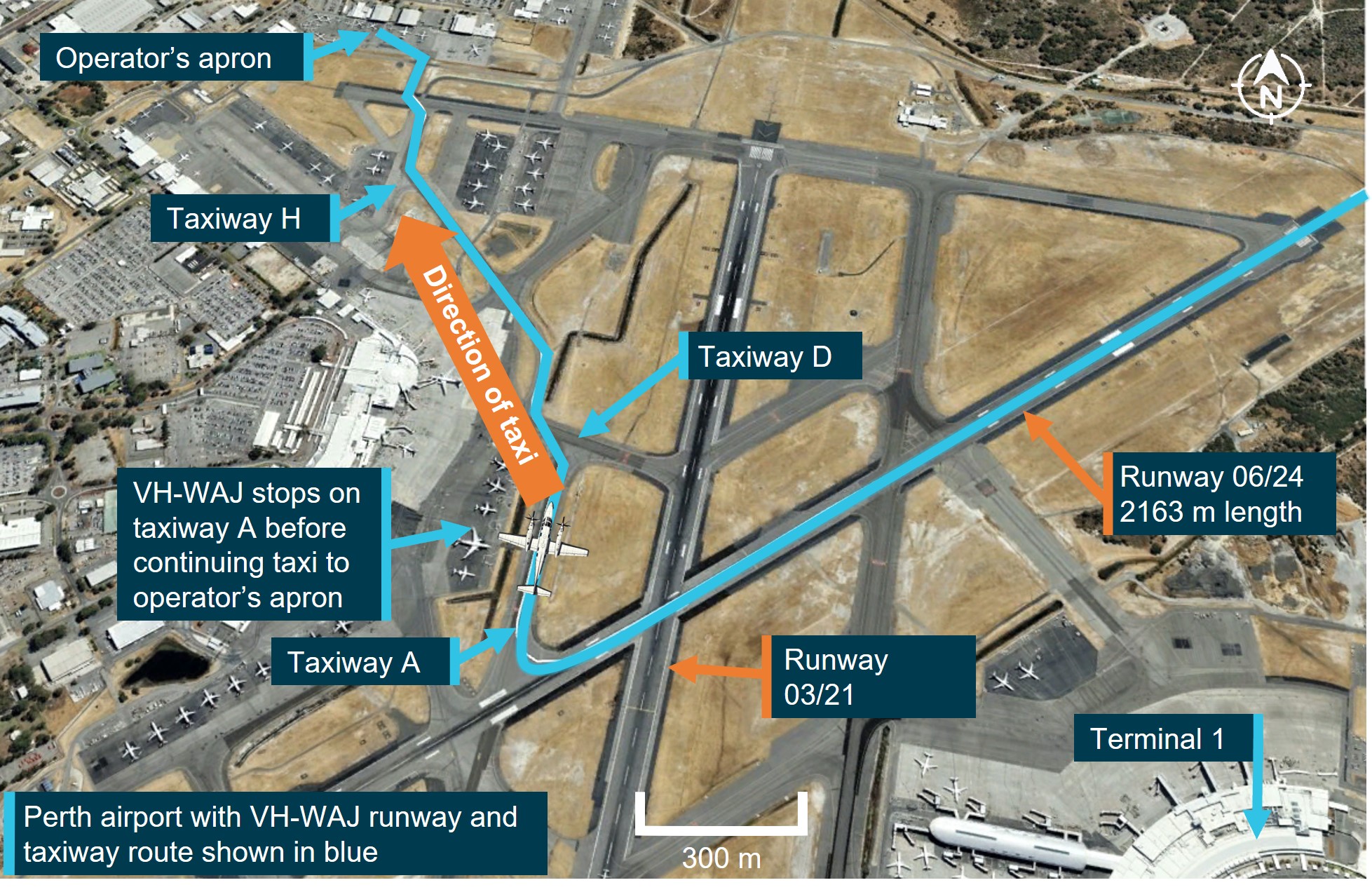 Figure 3: Aerial view of Perth Airport showing the route used by VH-WAJ after landing