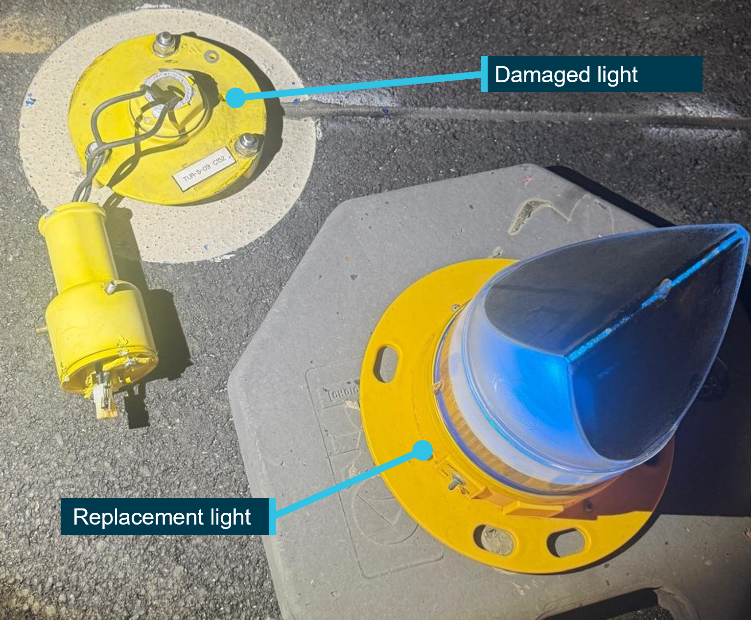 Picture of damaged taxi light and replacement taxi light. 