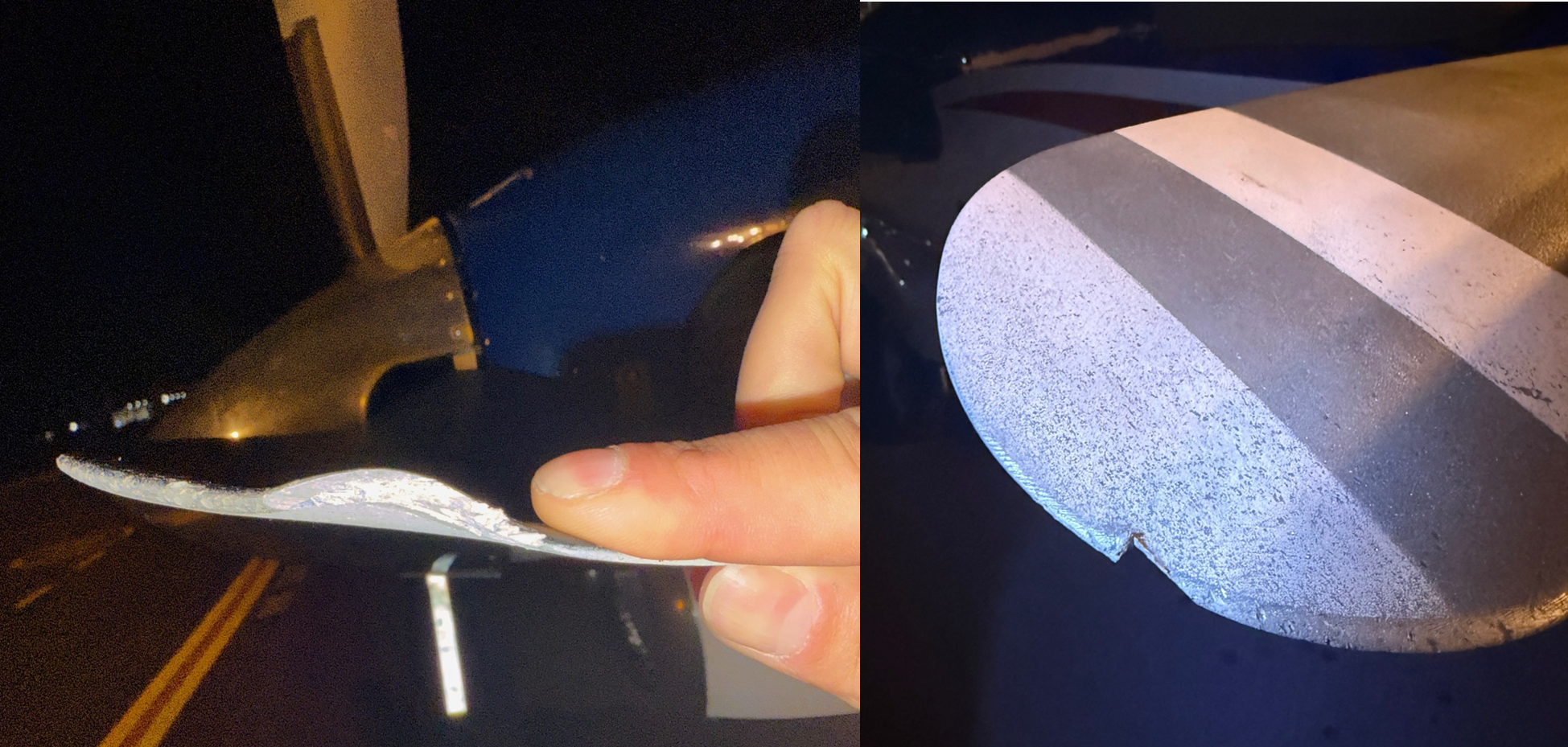 Picture showing damage to right propeller after striking the taxi light. 