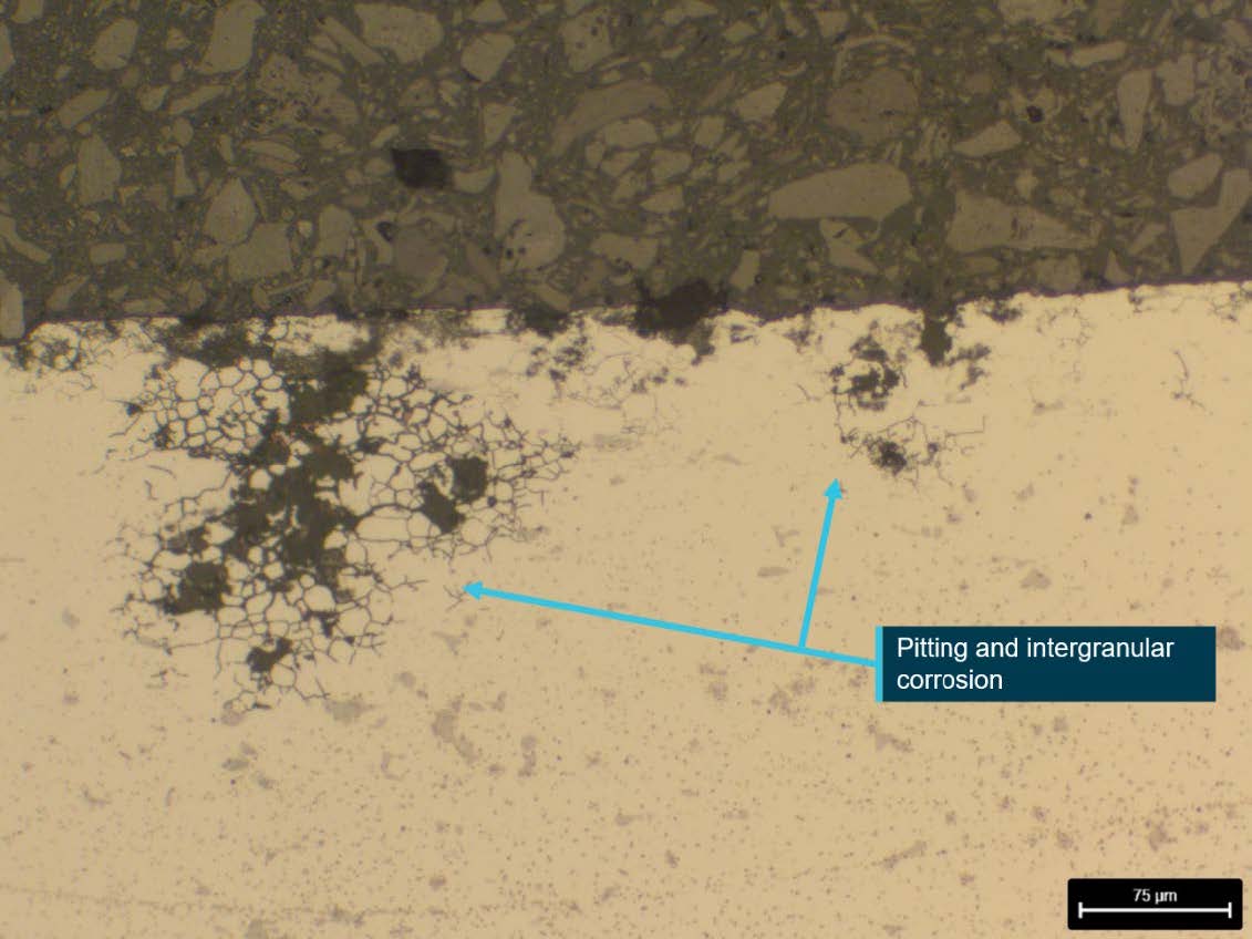 Figure A10: Metallurgical cross-section through a region of pitting damage from the carry‑through spar