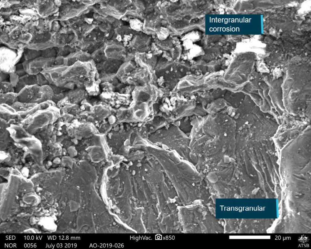 Figure A6: Scanning electron microscopy image near the crack origin identifying the intergranular and transgranular (fatigue) regions