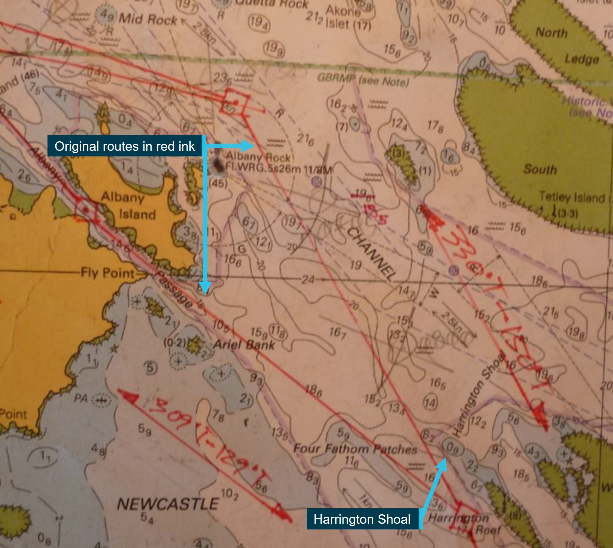 Figure 2: Section of Trinity Bay's chart Aus 839 showing original routes
