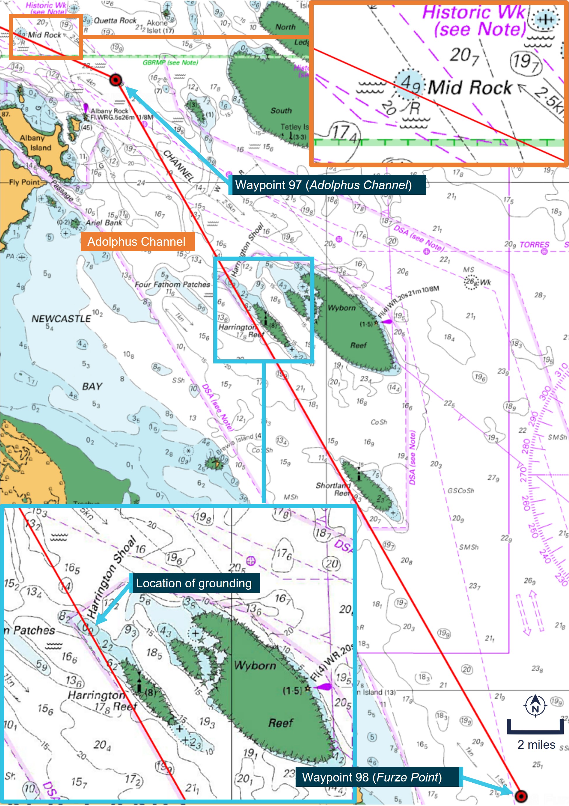 Figure 6: Section of chart Aus 839 showing new route legs