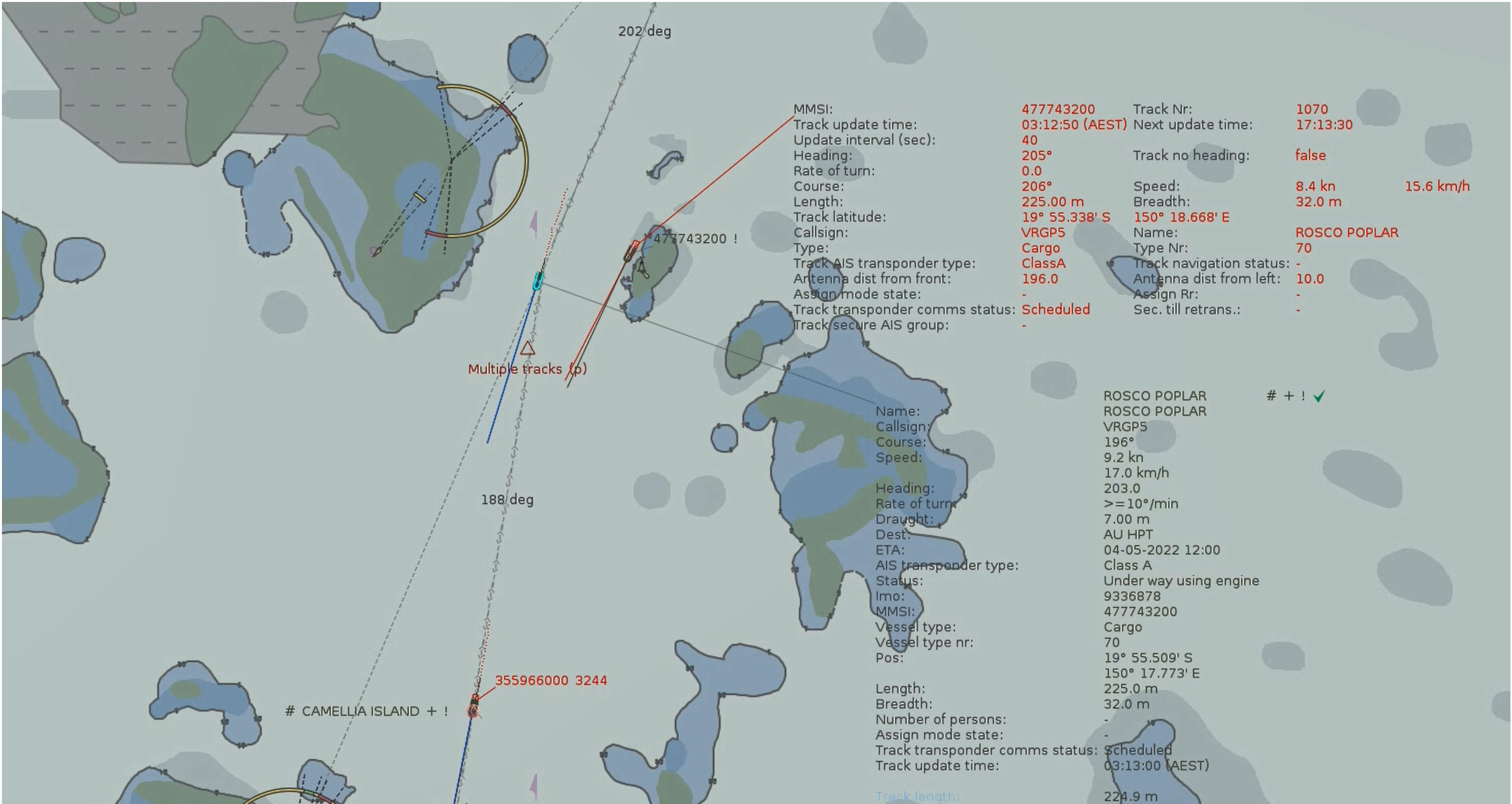 Figure 6: Rosco Poplar's track information at 0313, as displayed at REEFVTS