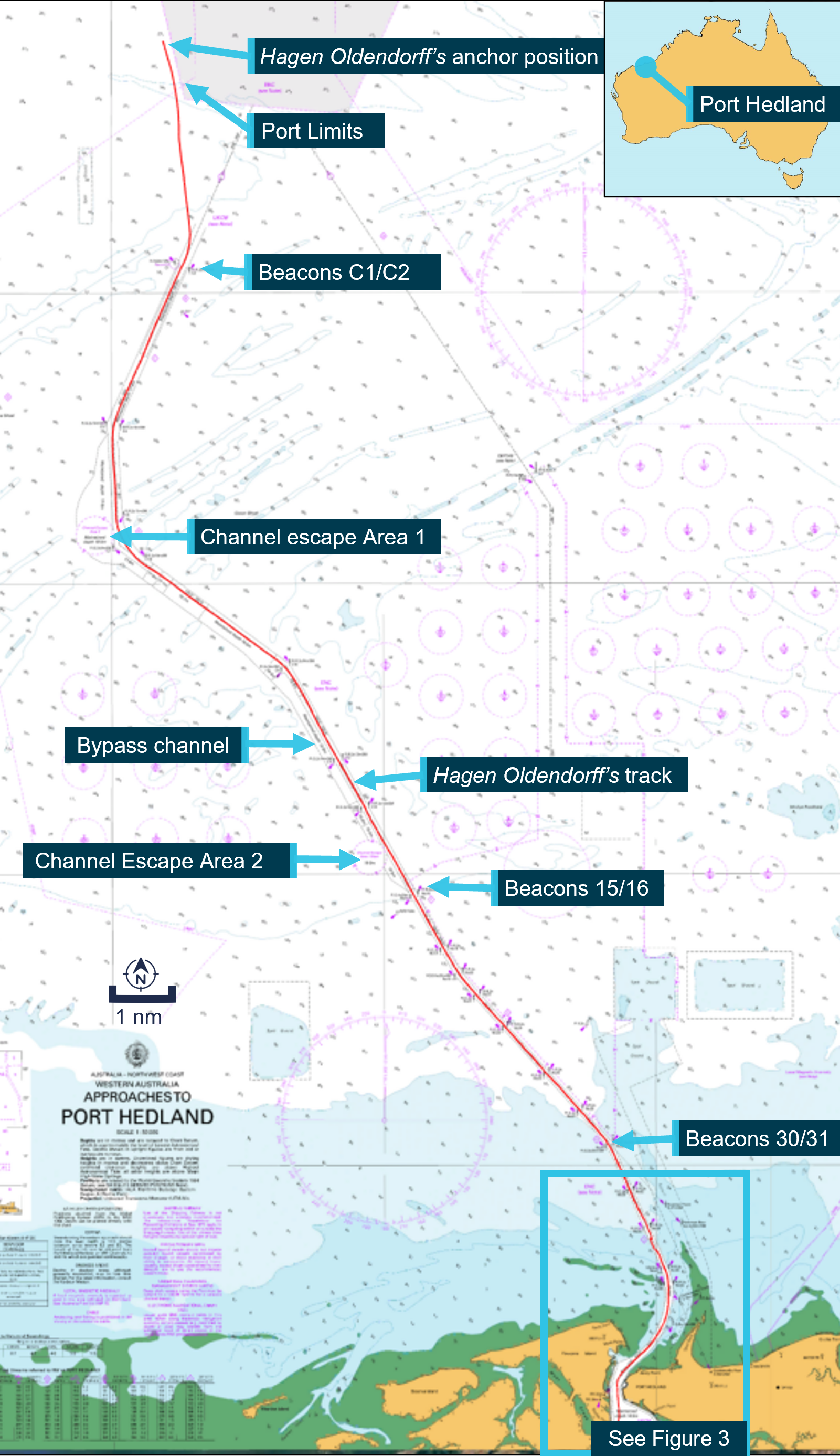 Figure 2: Hagen Oldendorff’s track overlaid on chart of Port Hedland channel