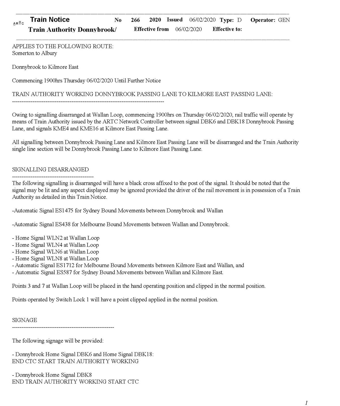 Appendix C – Train Notice 266 initial issue