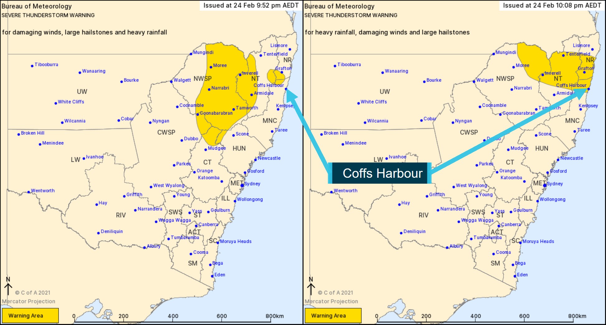 Figure 11: BoM severe thunderstorm warning 2152 and 2208 24 February 2021