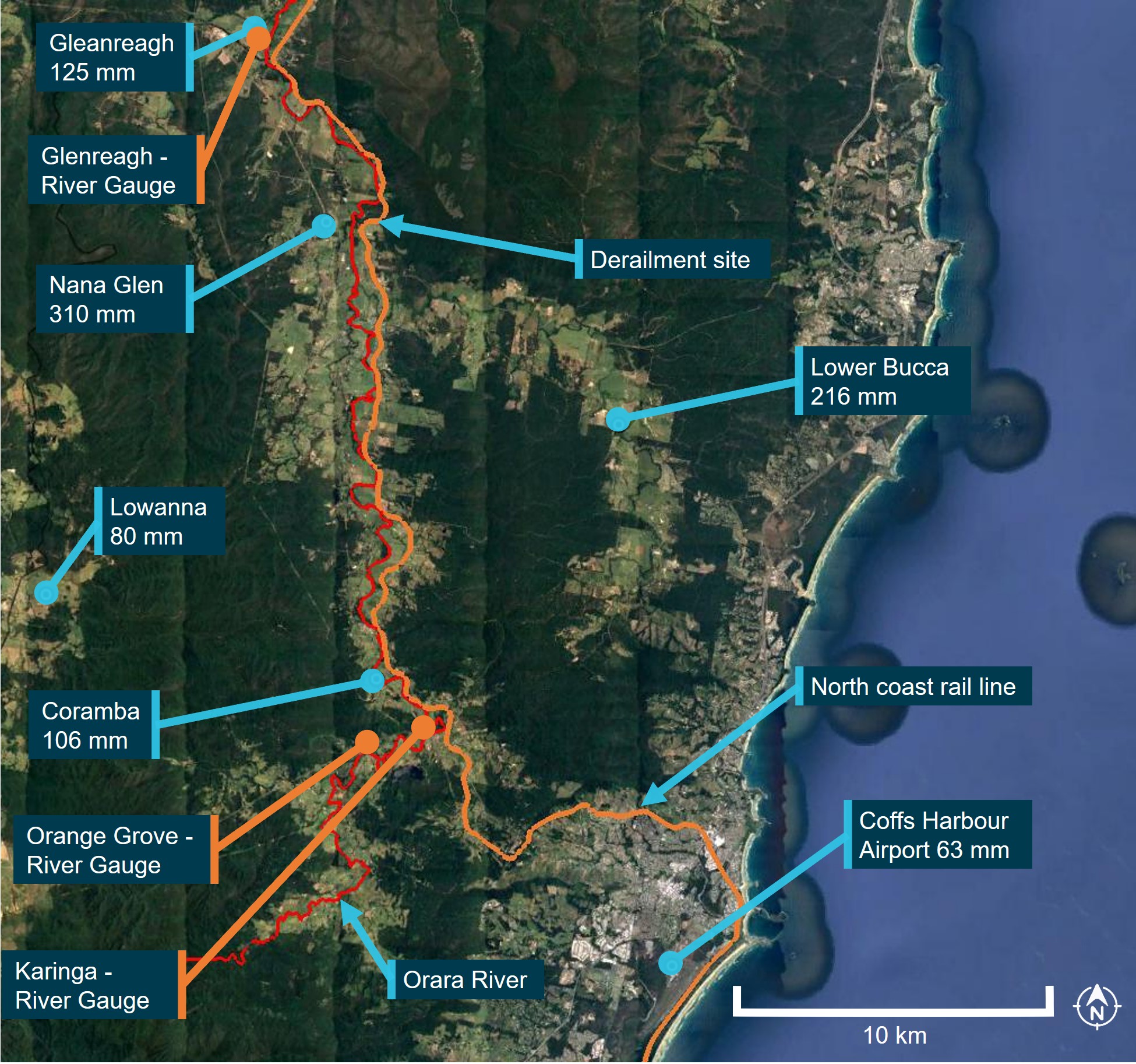 Figure 12: Record rainfall at 0900 on 25 February 2021 and river height monitoring locations