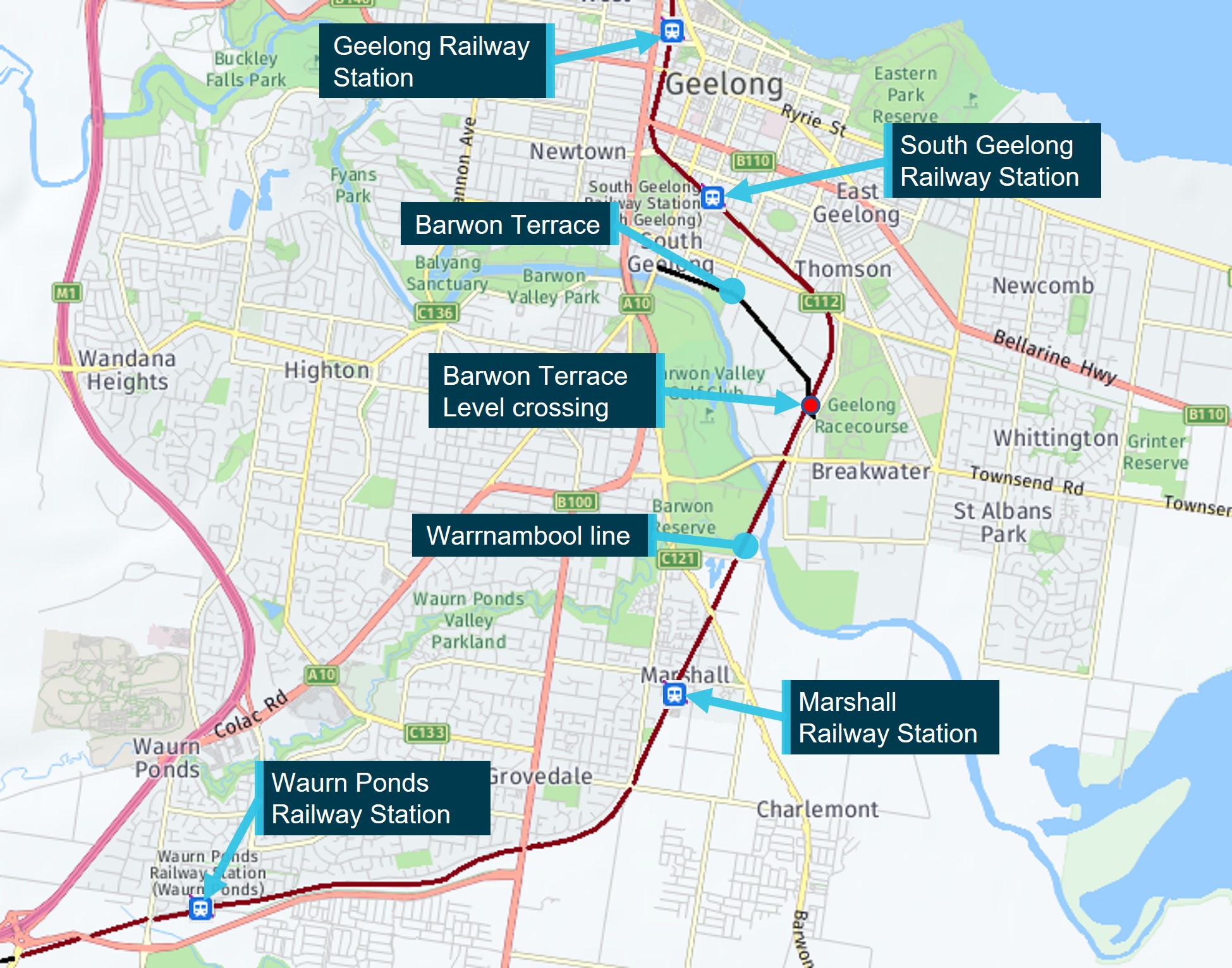 Figure 2: Train route and location of Barwon Terrace level crossing