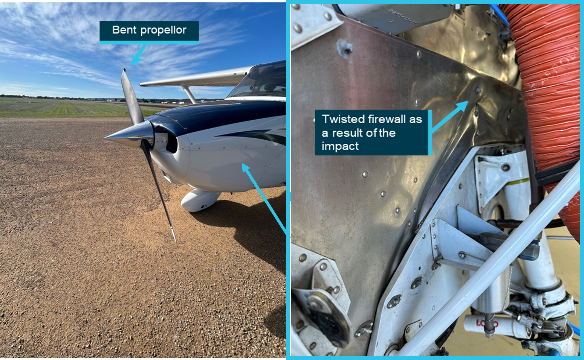 The image on the right is a buckled firewall as a result of the impact with the runway. The second image on the left identifies the bent propellor.