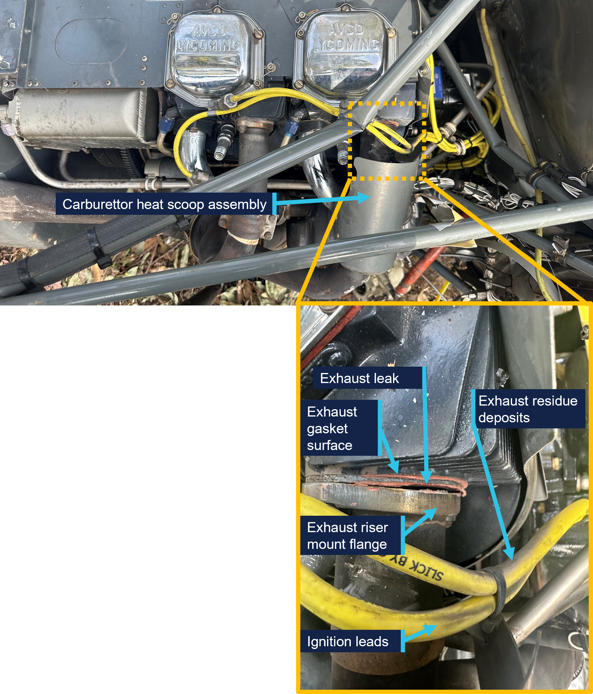 The helicopter's engine with a close-up of the area where the exhaust riser mount flange meets the exhaust gasket surface. The image points our an exhaust leak.