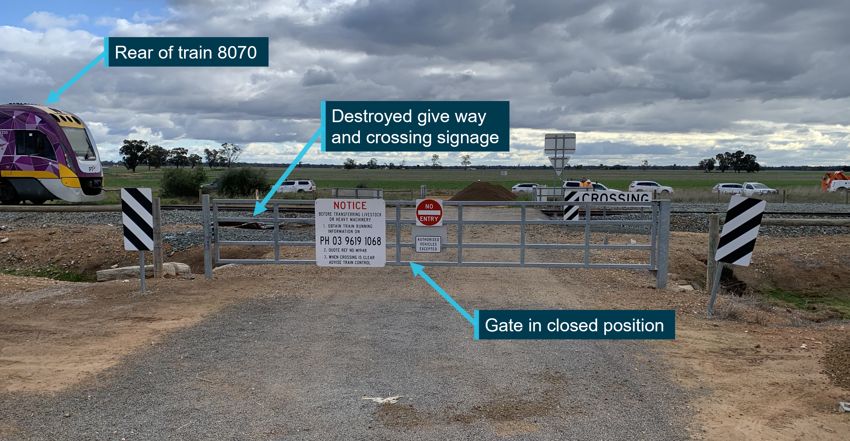The crossing when approached from the east, with some signage knocked over