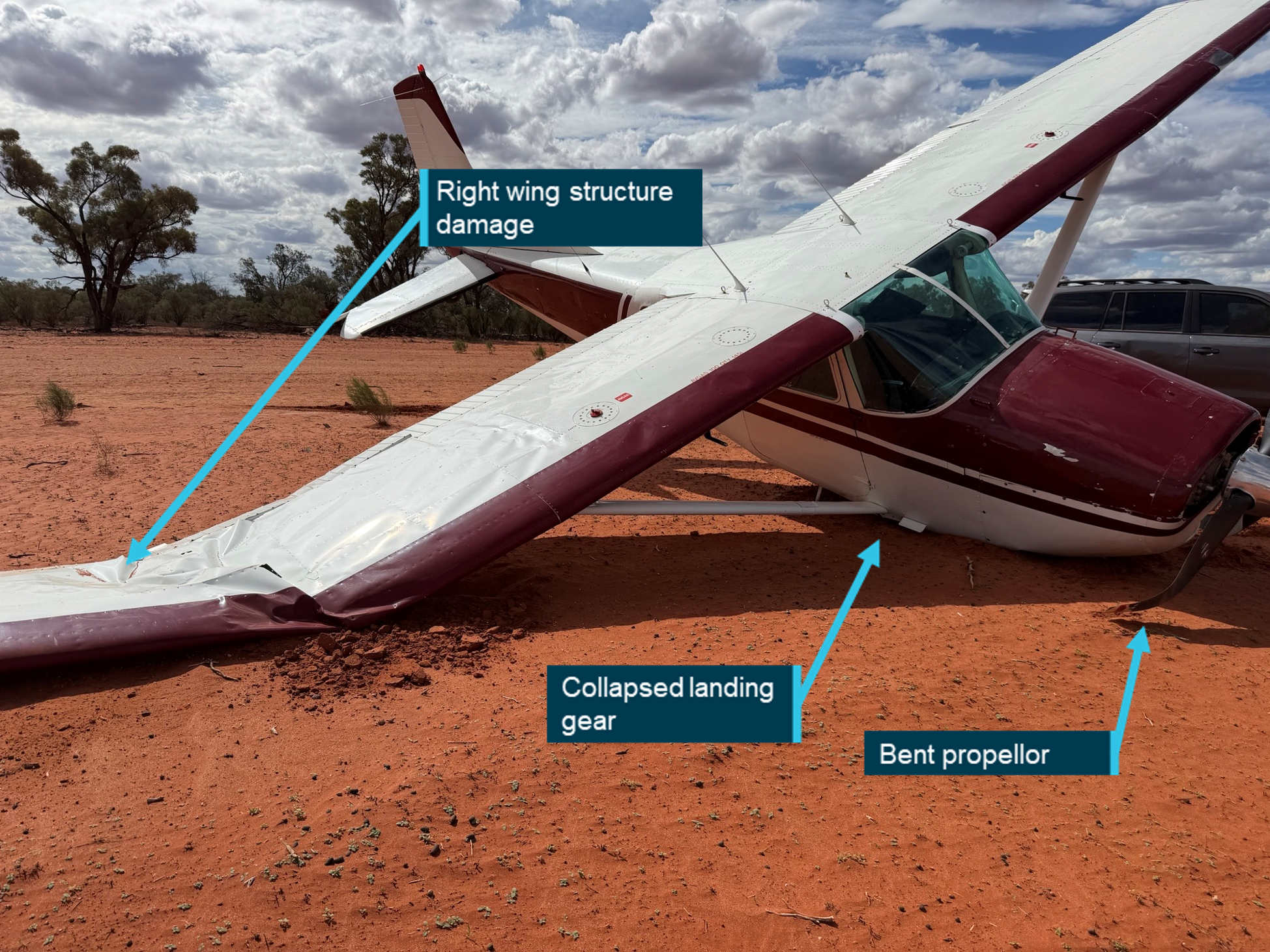 Aircraft collapsed right wing down in the dirt as a result of the loss of control and subsequent collision with terrain.