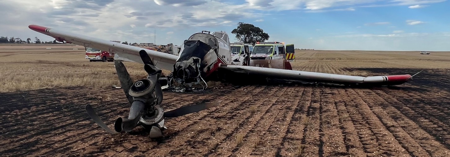 Occurrence aircraft following the accident showing the dislodged engine and propellor.