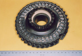 Fig. 1. Forward face of the stage-one turbine wheel - missing blade indicated.