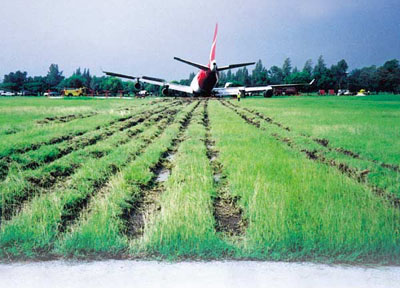 QF1 in field at end of runway