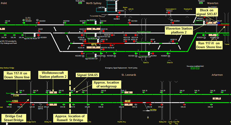 Figure 8: ATRICS replay at 1256 depicting status of trains and signals at Wollstonecraft