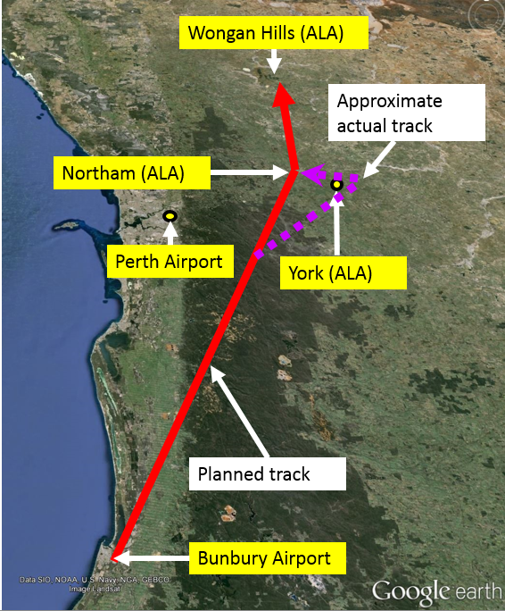 Figure 1: The pilot’s planned route from Bunbury to Wongan Hills via Northam (red) and the approximate actual track, via York (purple)