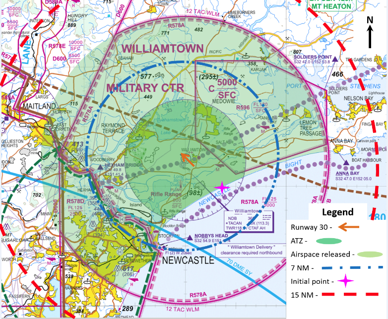 Figure 1: Williamtown Tower airspace: Dark green shading shows the usual airspace, light green shows additional airspace on 19 September 201