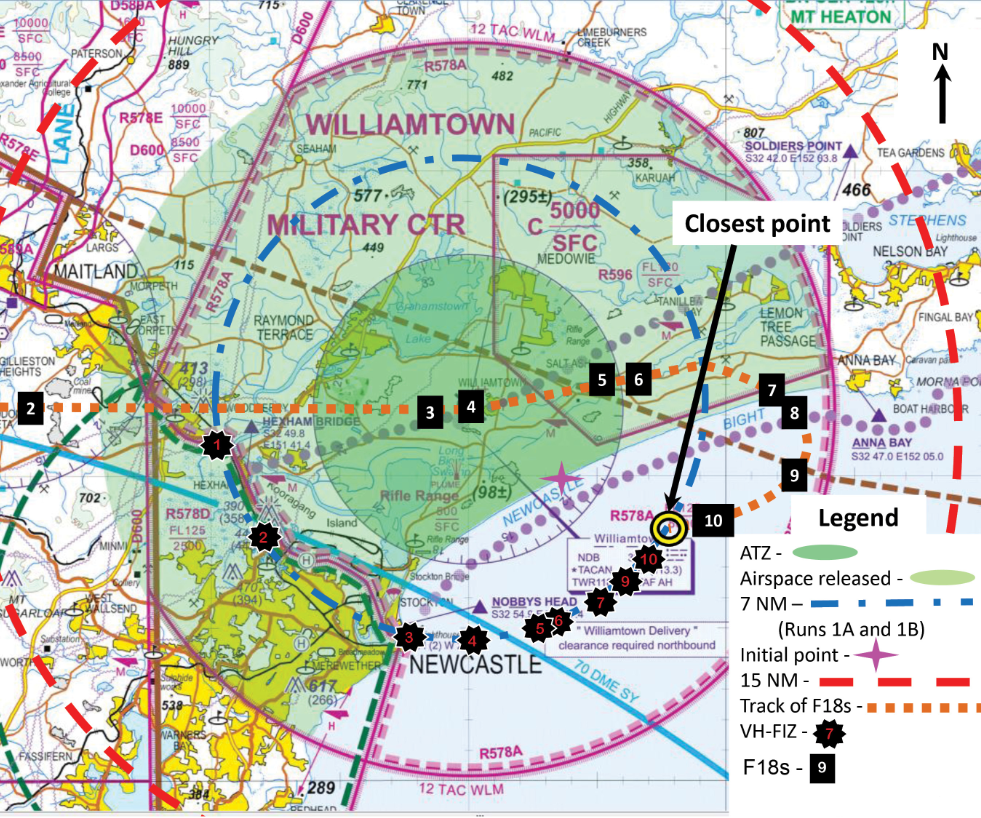 Figure 2: Williamtown airspace showing the location and track of VH-FIZ and a formation of four Boeing F/A18 aircraft (numbers represent relative locations at the same time – see Table 1)