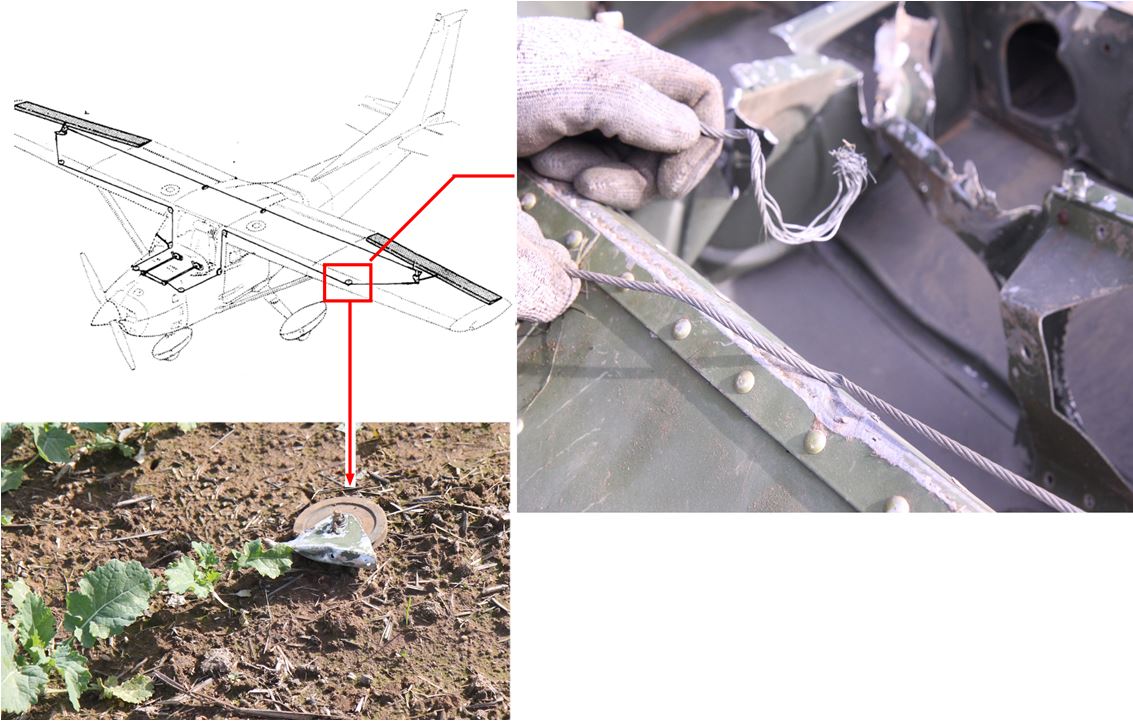 Figure 4: The aircraft’s left wing leading edge structure including the aileron guide pulley and cable, was damaged from contact with the powerline