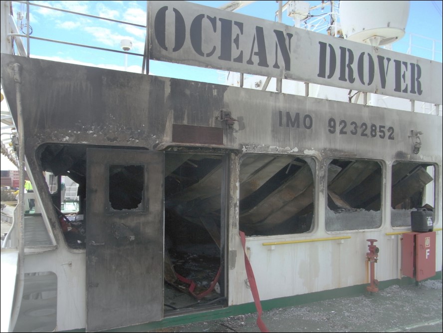 Figure 8: Burnt out wheelhouse viewed from the port bridge wing (chartroom is aft)