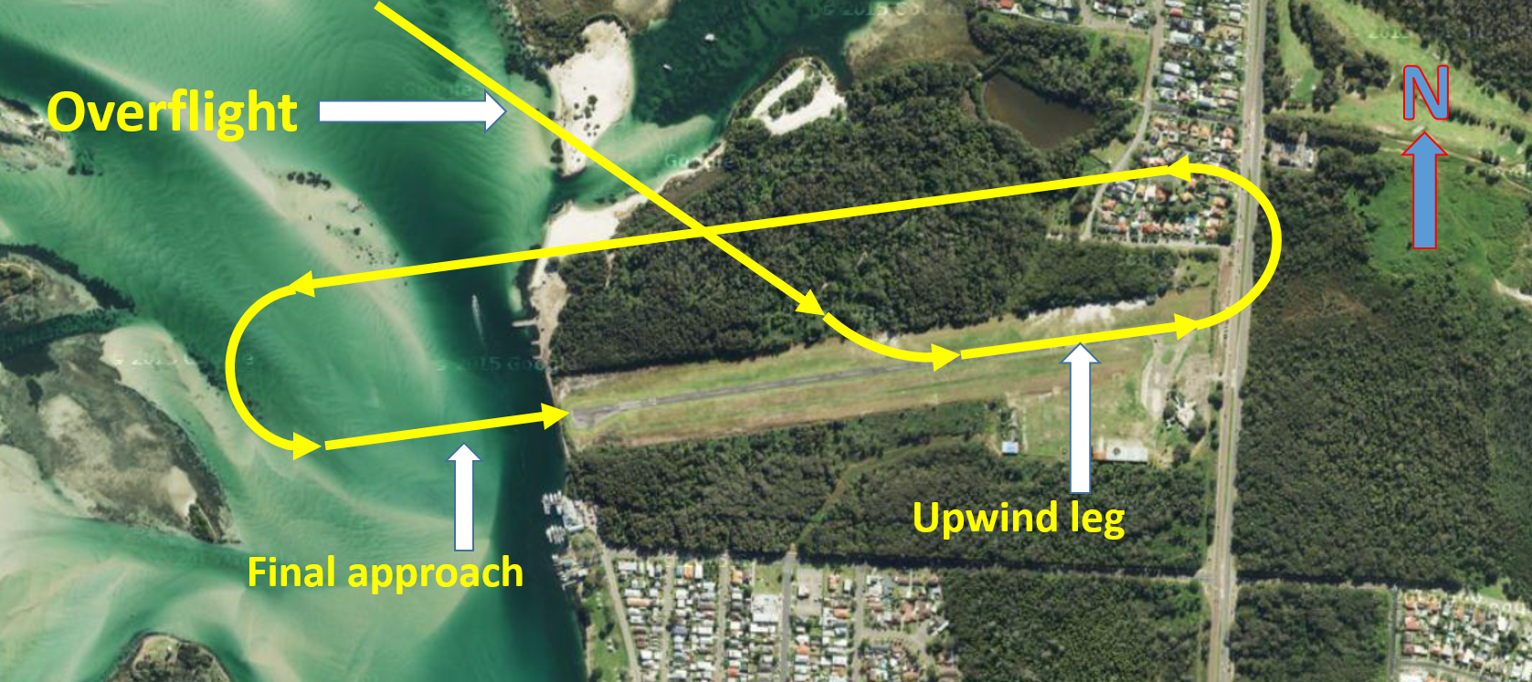 Figure 1: Indicative flight path of YZZ overflying Lake Macquarie Airport prior to joining the downwind and final legs of the approach to runway 07