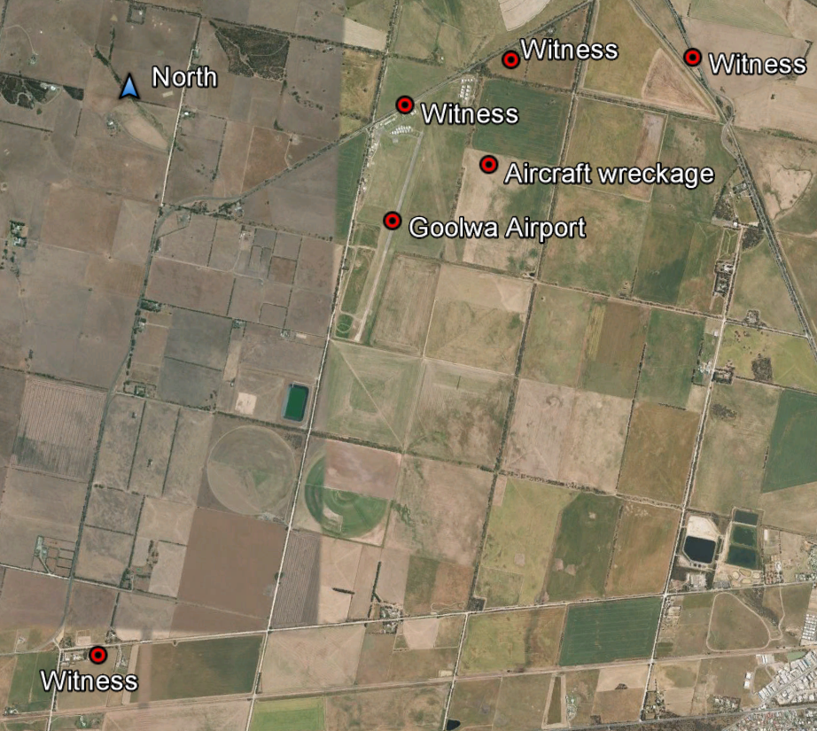 Figure 1: Goolwa Airport showing the location of the aircraft wreckage and witness locations. The runway is oriented basically north/south