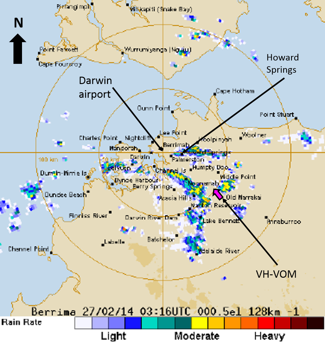 Figure 2: Darwin weather radar picture at 1246 showing the approximate location of VOM while avoiding storm cells