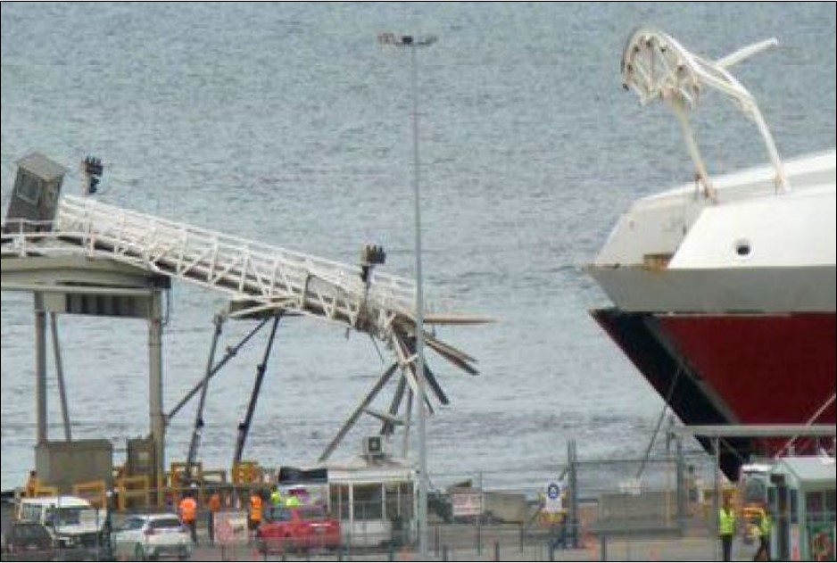 Figure 5: Photograph showing damaged upper vehicle ramp near Spirit of Tasmania II’s bow