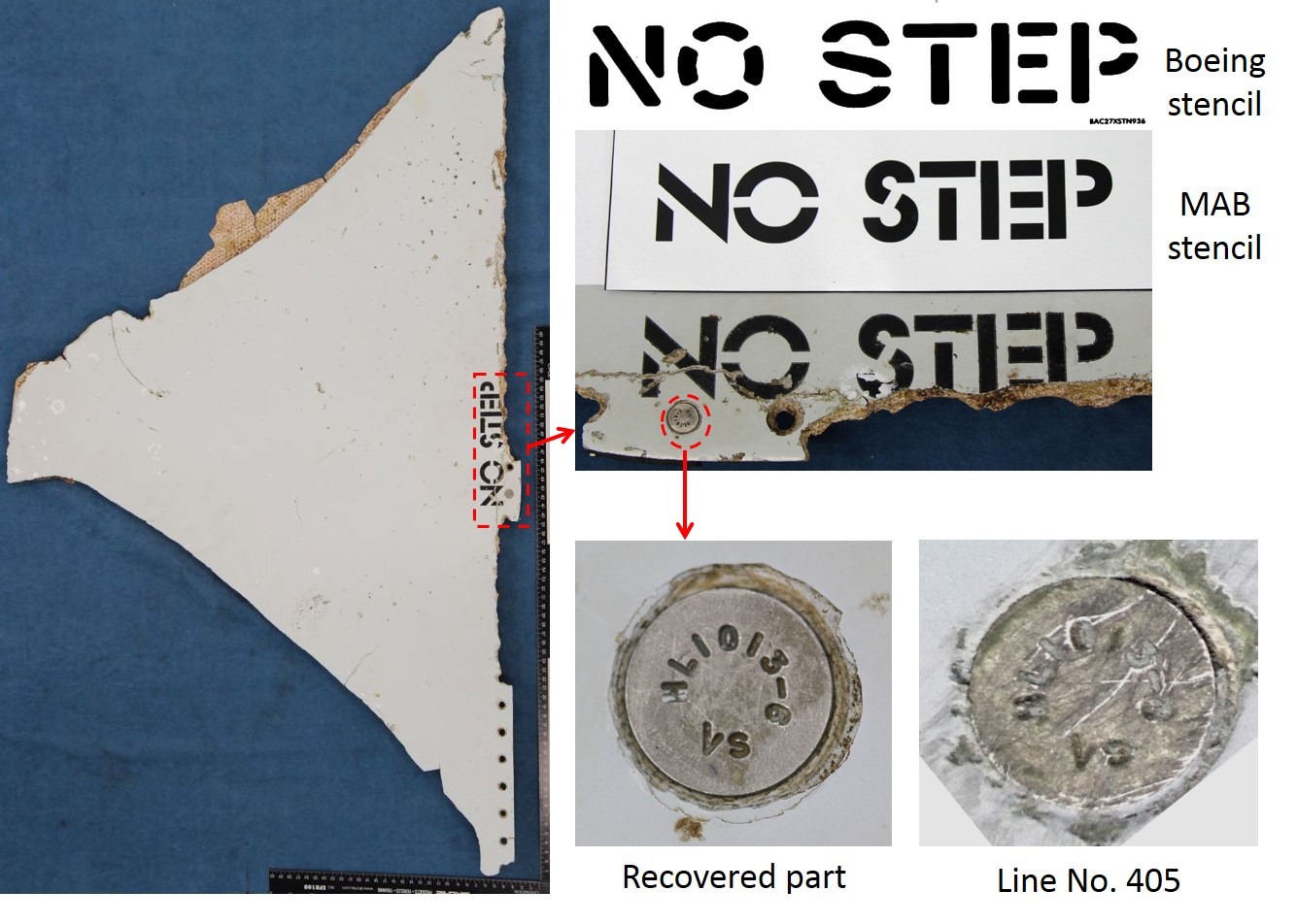Stabiliser panel “NO STEP” stencil and fastener comparison