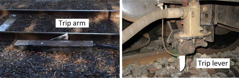 Automatic train stop (left) and trip lever on suburban trains (right)