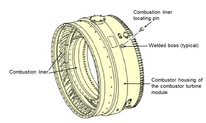 Figure 3: Exemplar LF507 engine showing the combustor housing and combustion liner highlighting a typical welded boss and combustion liner locating pin