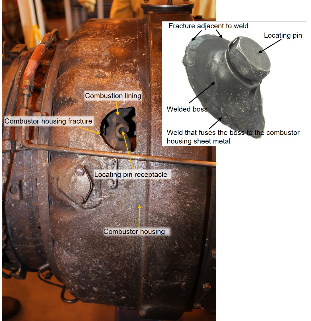 Figure 4: No. 2 engine showing the combustor housing, combustion liner (seen internal to the combustor housing) and insert image showing the locating pin secured in the fractured welded boss