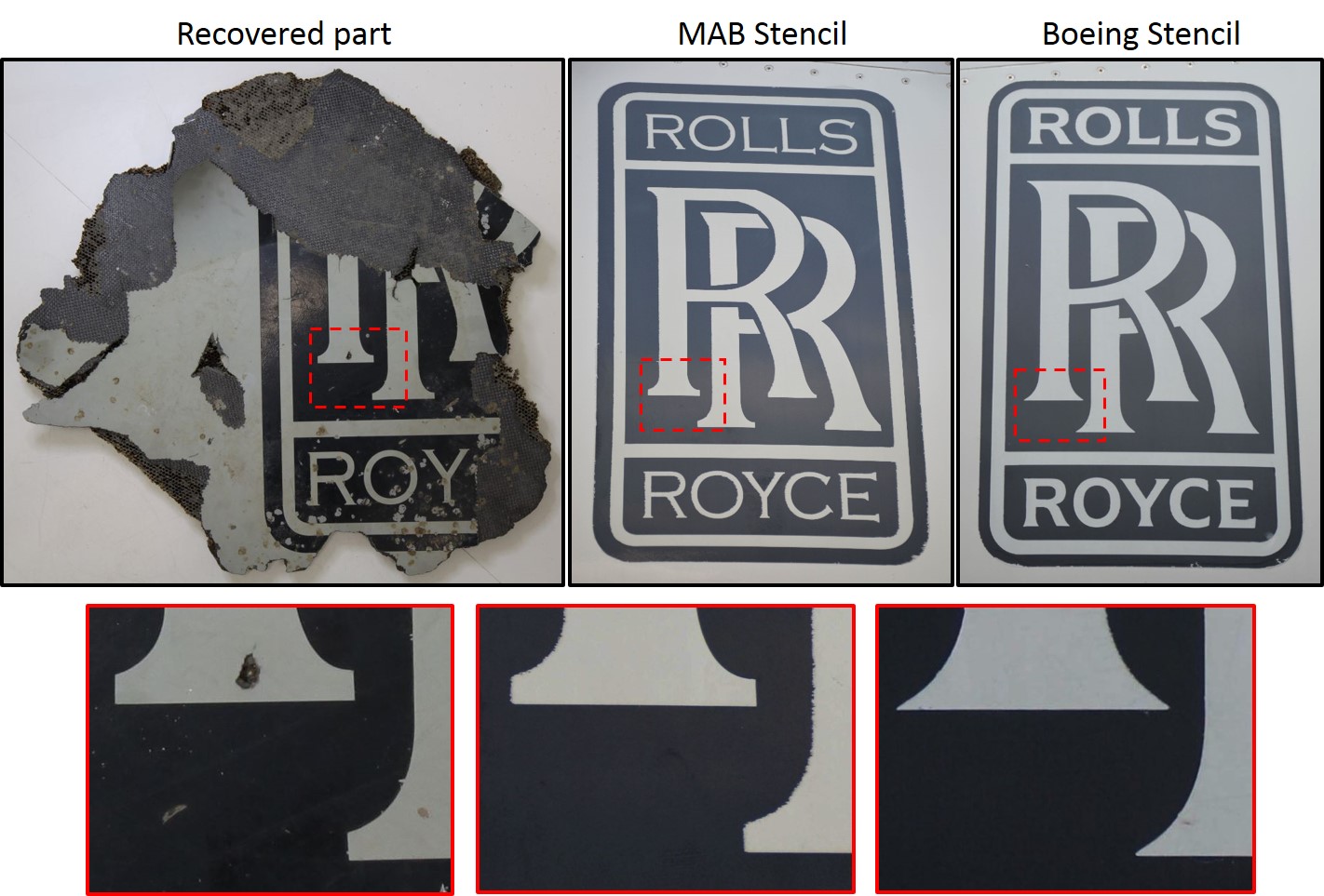 This figure shows the comparison between the found part with the RR logo on it with a Malaysian Airlines stencil and a Boeing stencil.  Features on the found part logo are most similar to the Malaysian Airlines stencil.