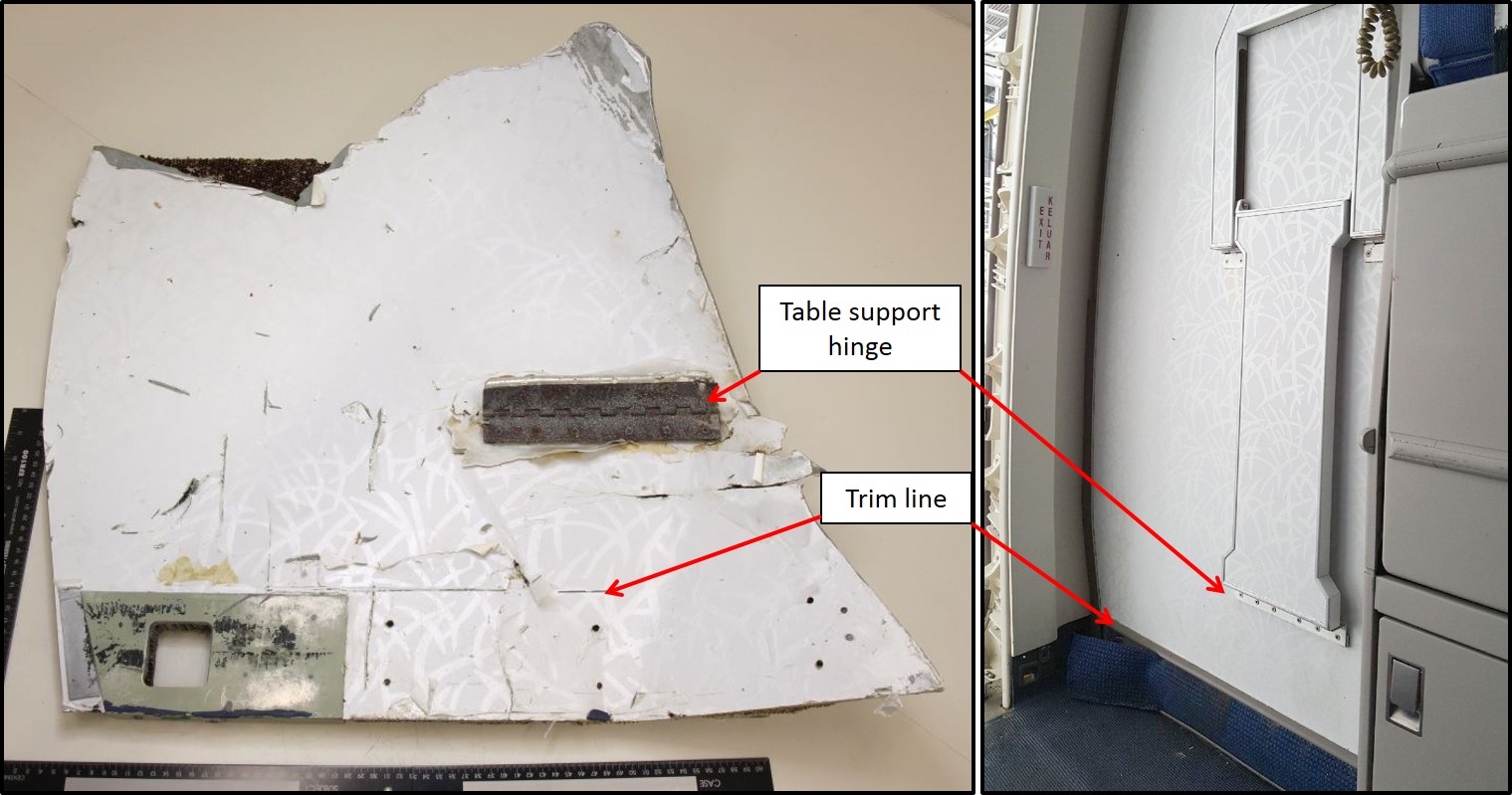 This figure shows features of the recovered internal panel with an exemplar Malaysian Airlines B777 Door R1 closet panel.  The similarities include the table support hinge and the decorative vinyl laminate.