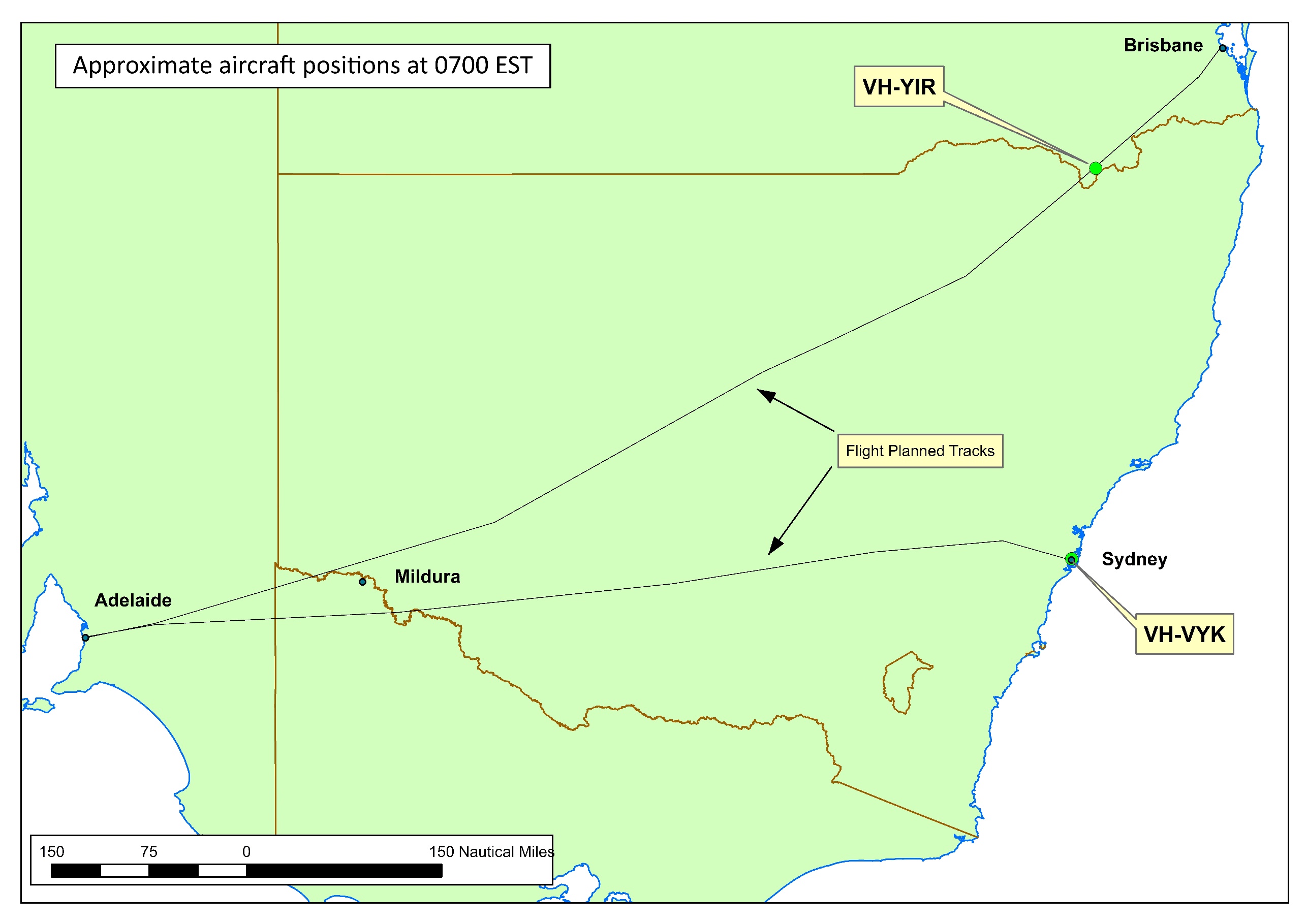 Figure 1: Approximate aircraft positions at 0700, when the amended forecast for Adelaide was issued with a 30 per cent probability of fog