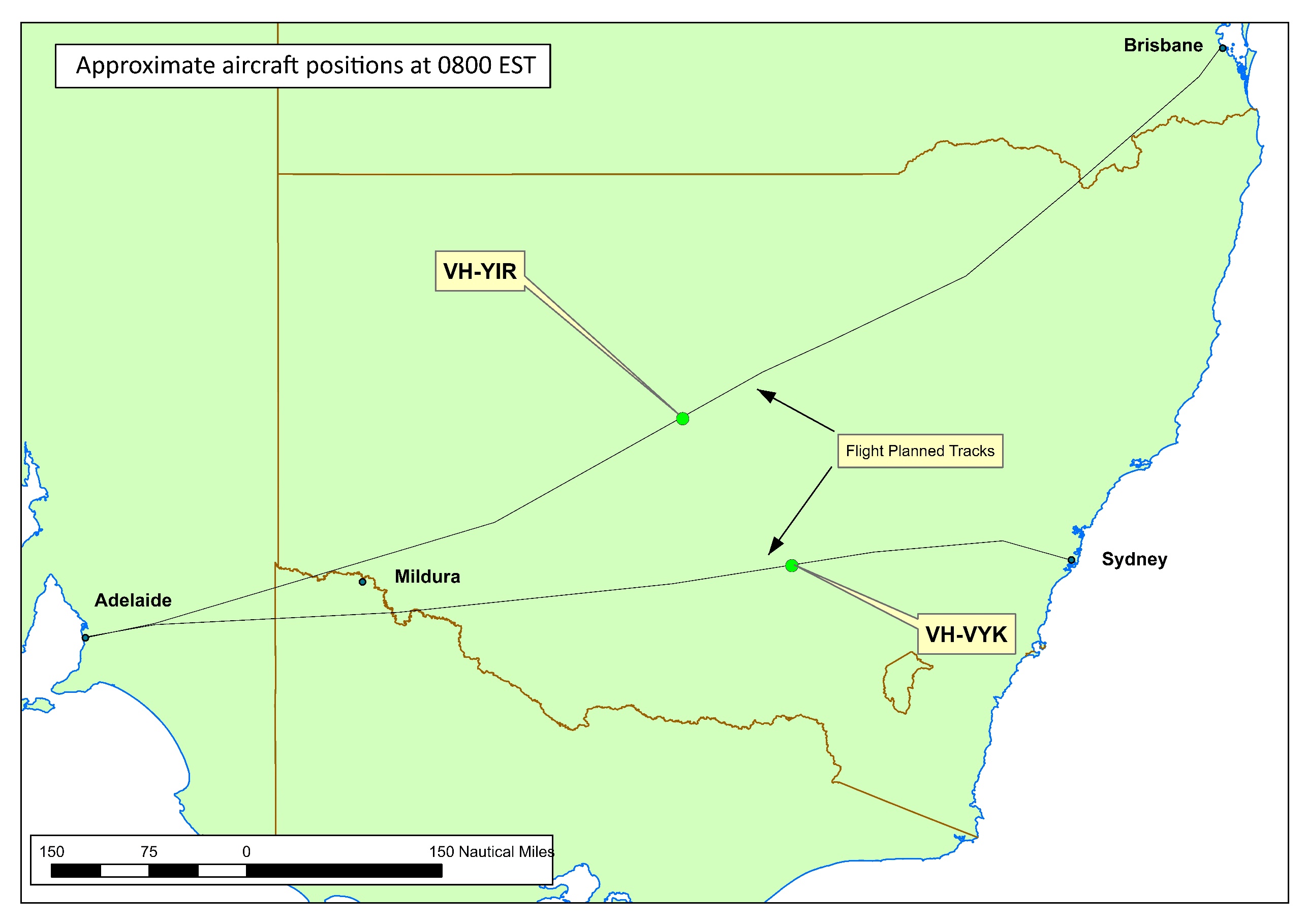 Figure 2: Approximate aircraft positions at 0800, when the trend forecast for Adelaide was issued with fog conditions forecast to lift at 0900