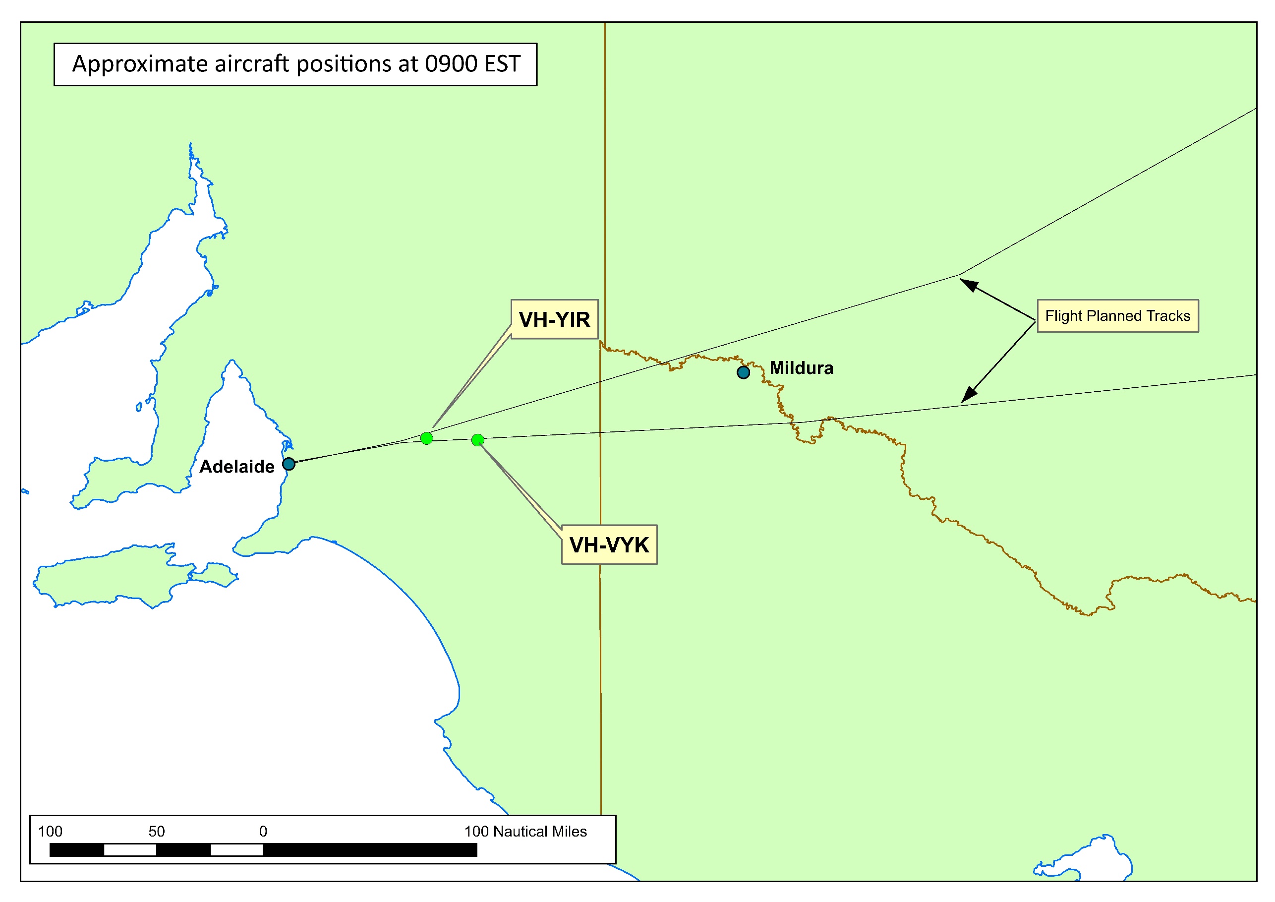 Figure 3: Approximate aircraft positions at 0900, just prior to initiating the diversion to Mildura