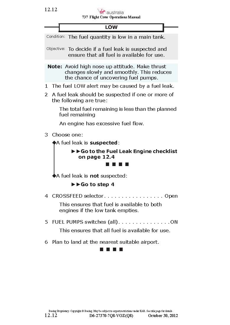 Fuel low and fuel imbalance checklists
