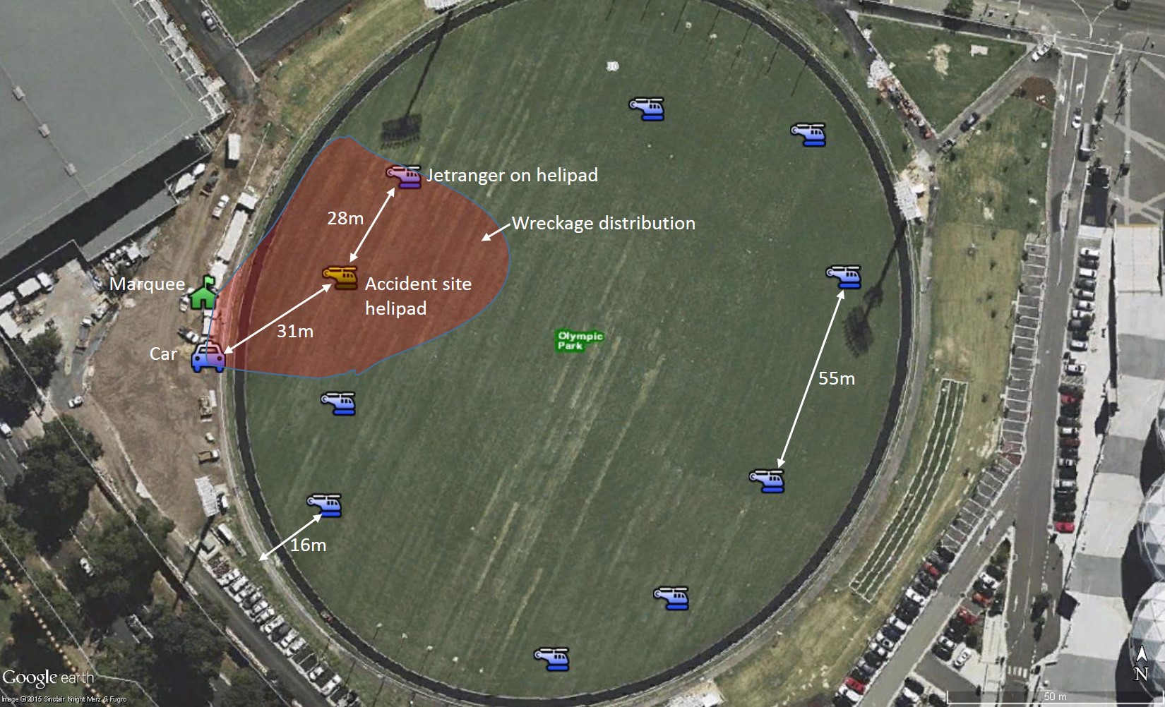 Figure 5: Accident site and wreckage distribution showing the car and marquee that were struck by main rotor blade debris