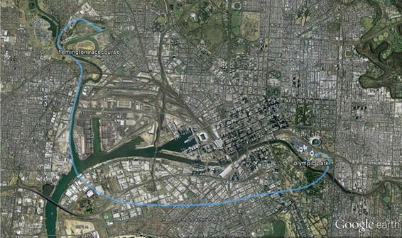 Figure 1: Previous flight path of VH-VDZ from Flemington Racecourse to Olympic Park. Yarra River passing through the image