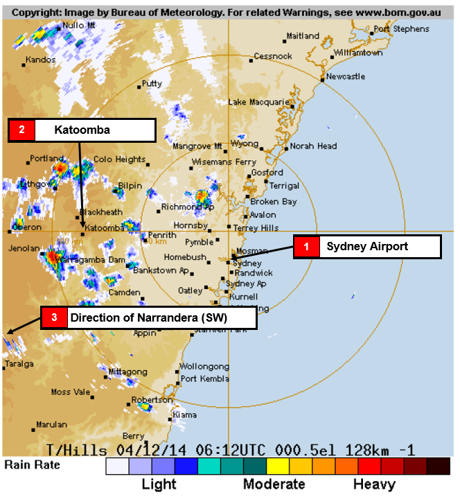 Figure 3: Bureau of Meteorology radar image at 1712 showing rain to the west and northwest of Sydney Airport.