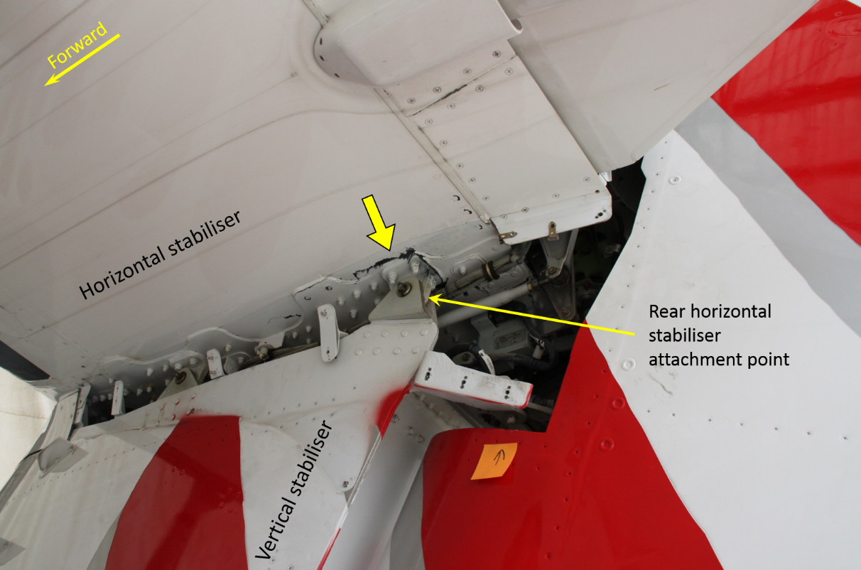 Figure 7: Horizontal-to-vertical stabiliser attachment with the aerodynamic fairings removed. View looking upwards at the underside of the horizontal stabiliser. The thick yellow arrow indicates cracking in the composite structure around the rear attachment point