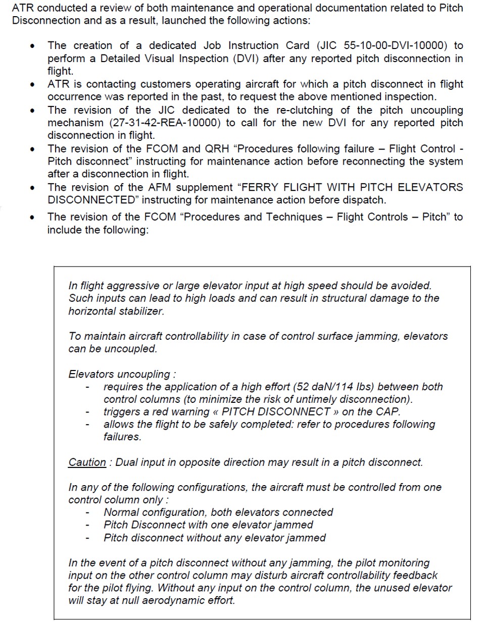 ATR 42/72 aircraft of revised maintenance and operational documentation relating to the pitch control system and pitch disconnect occurrences
