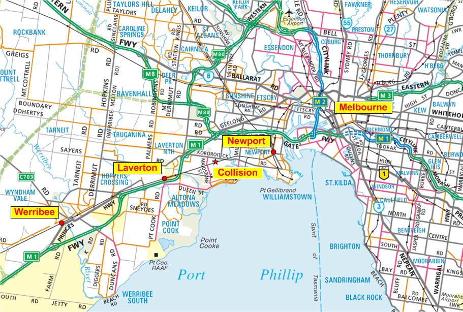Figure 1: Location map – Showing train line from Werribee to Melbourne and location of collision